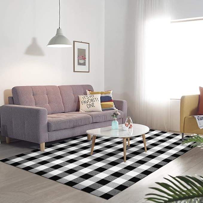 joybest Buffalo Plaid Rug 5 x 7 ft Black and White Checkered Area Rug Cotton Hand-Woven Indoor Outdoor Rugs Carpet for Patio, Living Room, Dining Room, Bedroom