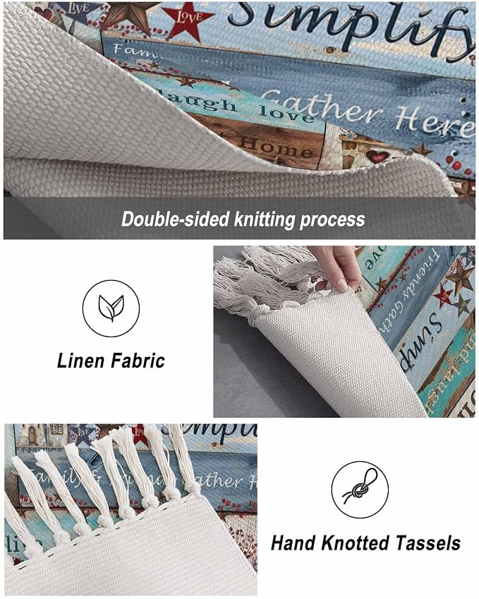 Turquoise Blue Brown Hallway Runner Rug 2X6 Ft Kitchen Carpet, Washable Woven Vintage Barn Rustic Cabin Throw Carpet with Tassel, Non-Shedding Country Star Farm Wooden Plank Bedroom Laundry Rugs