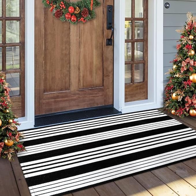 OJIA Black and White Striped Outdoor Rug 24"x51" Front Door Mat Porch Rugs | Washable Fall Front Door Mat Outside Entrance Entry Rug Doormat Outside Cotton Woven Indoor Area Rugs for Entryway Decor