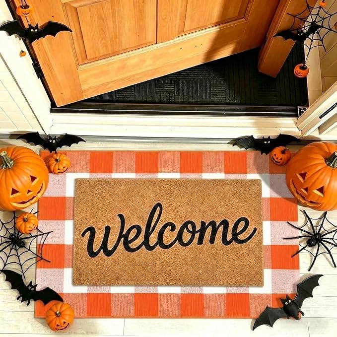 Buffalo Plaid Rug 2'4''x 3'7'' Orange and White Front Door Mat Reversible Halloween Doormat Layered Porch Rug Washable Hand Woven Cotton Area Rug for Indoor Outdoor Entryway Patio Porch Decor