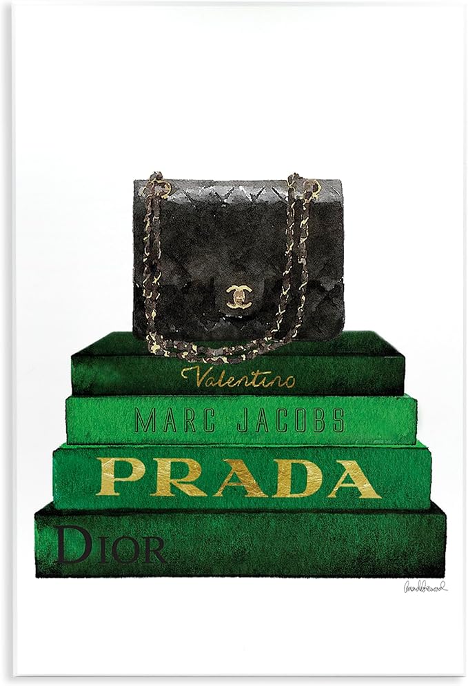 Stupell Industries 'Fashion Designer Purse Bookstack Green Black Watercolor ', Wall Plaque Art, 13 x 19 Inches, Easy to Hang and Sturdy, Made in USA, by Amanda Greenwood