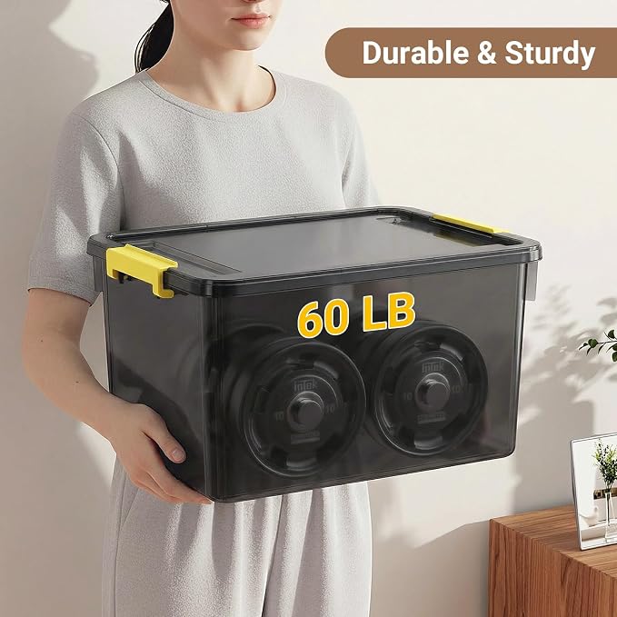 80Qt Large Stackable Storage Bins with Lids & Trays, Clear Plastic Latching Boxes Organizers with Dividers Portable Containers for Arts & Crafts,Home & Car Trunk Organization,Clear Grey,2Pack