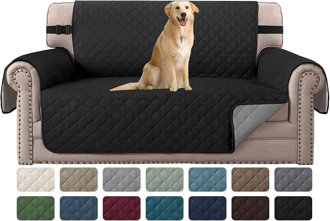 H.VERSAILTEX Reversible Loveseat Cover Loveseat Slipcover for 2 Cushion Couch Water Resistant Dog Protector Furniture Cover for Pets Non Slip Sofa Couch Cover with Elastic Strap(Loveseat, Black/Grey)