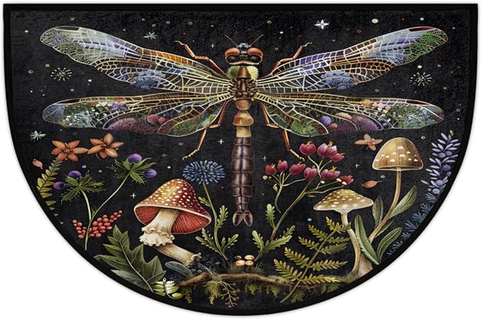 Dragonfly Half Round Door Mat Outdoor Doormat Bedroom Entrance Rug A10 | Dragonfly Mushroom Flower Semi Moon Door Mat Non-Slip Absorbent Kitchen Rug Indoor Welcome Bath Mat 36" X 24"