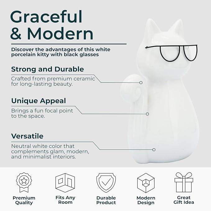 7" Cat with Glasses Sculpture - Contemporary Porcelain White and Black Cat Statue for Home or Office Decor - Cat Lover Gift Idea - Decorative Home Decor Accent