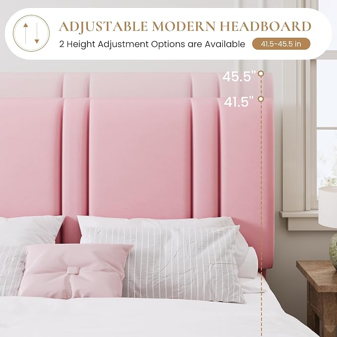 SHA CERLIN Queen Size Velvet Bed Frame with Adjustable Headboard, Pink | Vertical Channel Tufted Design, Upholstered Platform Bed, Wood Slats Support/No Box Spring Needed/Easy Assembly