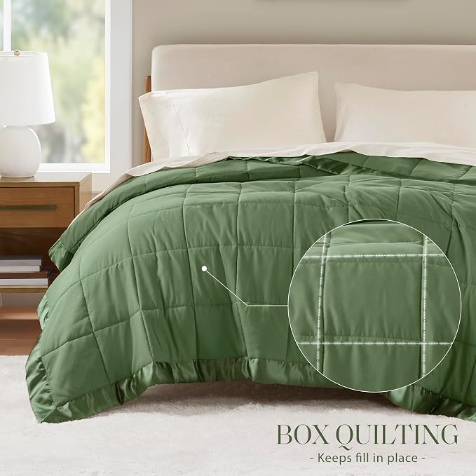 Madison Park Down Alternative Queen Blanket for Bed, Satin Trim, Green | Lightweight Windom Blanket Full Size Premium 3M Scotchgard Moisture Wicking Treatment, OEKO TEX, Soft Bed Cover, All Season