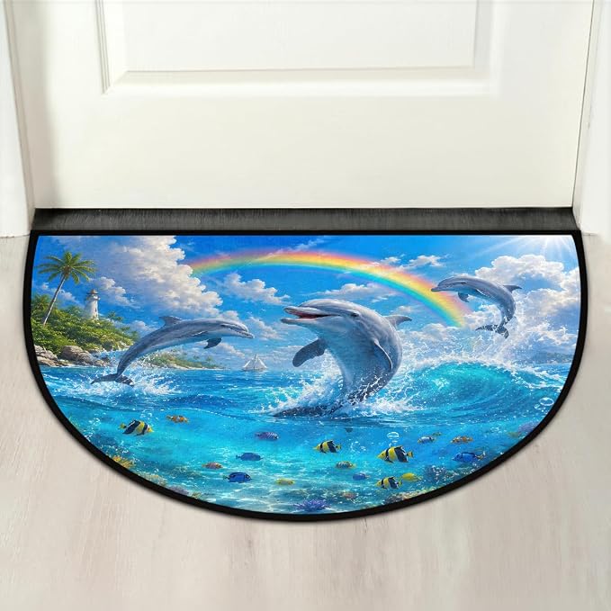 Dolphin Ocean Rainbow Half Round Mat Half Moon Door Rug Washable Durable Semi Circle Carpet Floor mats for Indoor Outdoor Bathroom Kitchen Patio Hearth Rug Laundry Room Home Decoration