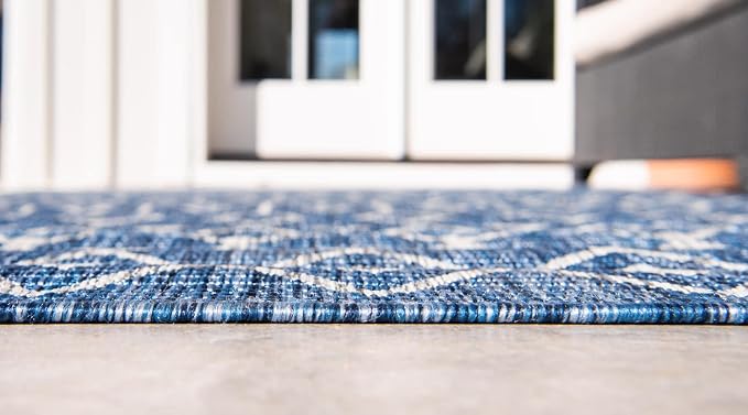 Unique Loom Outdoor Trellis Collection Area Rug - Tribal Trellis (2' x 10' Runner, Blue/ Ivory)