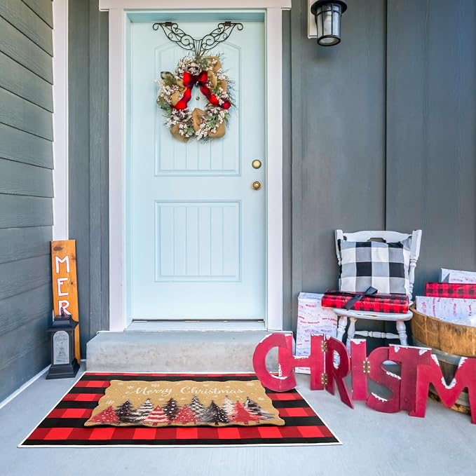 Fourluoo 2 Piece Christmas Door Mat Combo Set Outdoor Christmas Rugs 28 x 40 Inch Red White and Black Plaid Welcome Mat Non Slip Xmas Tree Layering Front Door Rug for Indoor Outdoor Entrance Porch