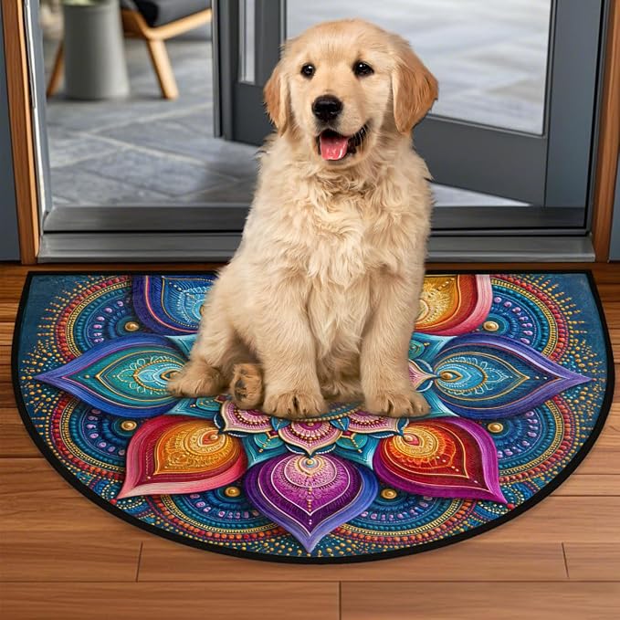 Mandala Half Round Door Mat Semi Moon Rug Fireplace Carpet Area Rugs | Rainbow Lotu Non Slip Absorbent Half Circle Mat Carpet for Indoor Outdoor Patio Kitchen Bathroom Entryway Home Decor