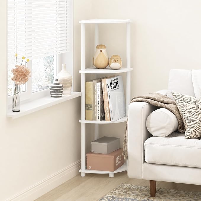 Furinno Turn-N-Tube Toolless Assembly 4-Tier Corner Shelf, White Corner Book Shelf, Open Shelves Bookshelf, for Organization and Storage, Living Room, Home Office, Bedroom, Plain White