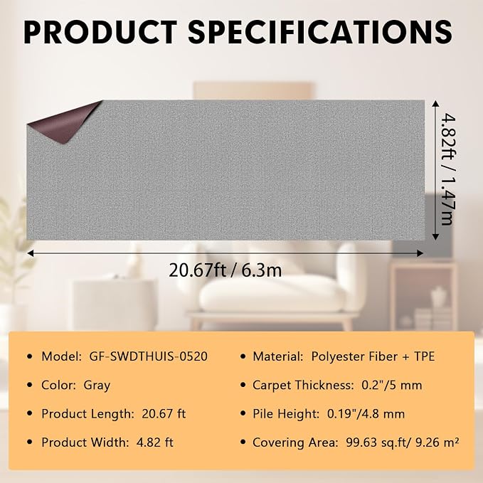 Grefinity Marine Carpet,5 FT x 20 FT Gray Indoor Outdoor Carpet 0.2" Thick Boat Rug with Water-Proof TPE Backing for Home, Patio, Porch, Deck