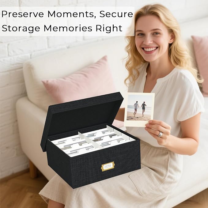 Decorative Photo Storage Box, 2 Pack Linen Photo Box Hold 1700 4x6 Pictures | Photo Storage Containers with 8 Dividers, Memory Keepsake Organizer for Photos, Scrapbook Supplies, Cards, Stamps, Black