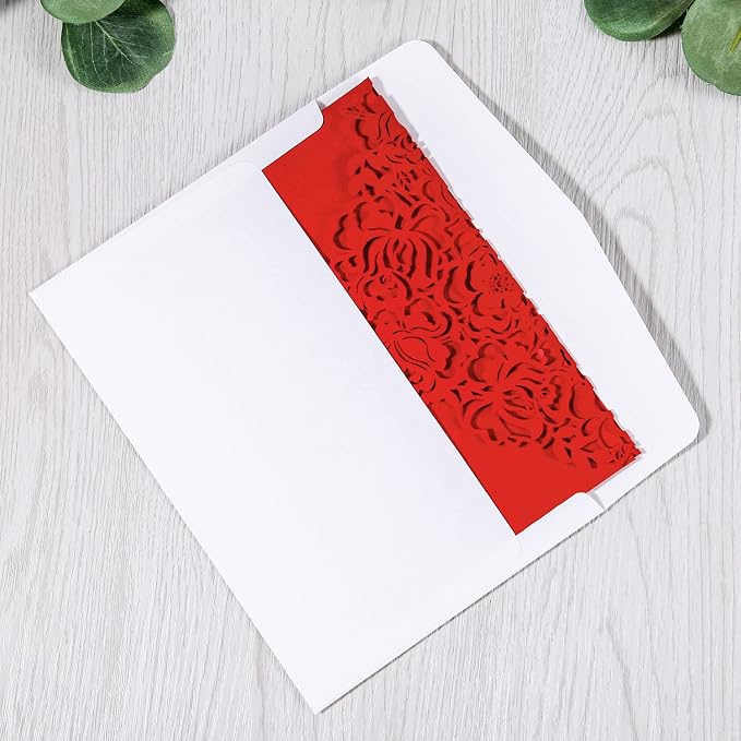 DORIS HOME 50Pcs Personalized Laser Cut Wedding Invitations, Red | 4.7"x7.1", Customized Anniversary Invitations, With Envelopes