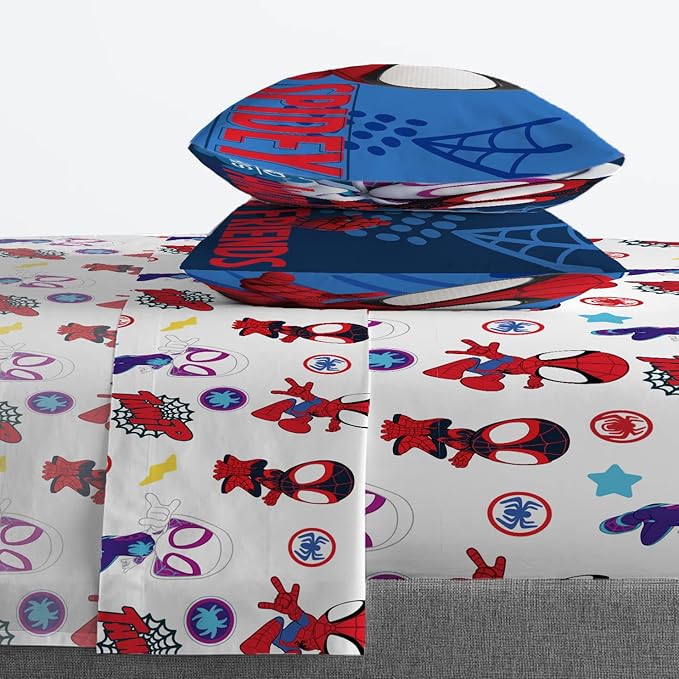 Marvel Spidey and Friends Full Size Comforter Set 7 Piece Bedding, Blue | Ghost-Spider, Bed in a Bag, Comforter Sheets Shams Pillowcases, Official Brand, Soft Microfiber, Machine Washable, Kids Gift