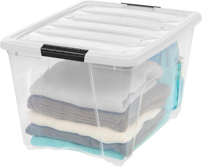 IRIS USA 6-Pack 54 Quart Storage Bins with Lids, Clear/White | Removable dividers organize tools, pantry goods, and household supplies. Stackable design saves space