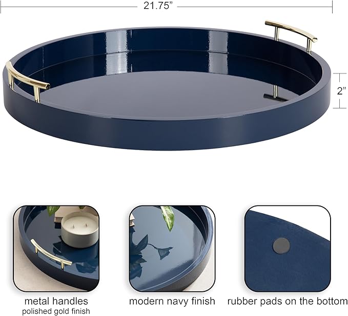 Kate And Laurel Lipton Modern Round Ottoman Tray; 22 Inch Diameter; Navy and Gold; Decorative Circle Coffee Table Tray for Living Room Decor or Large Serving Tray