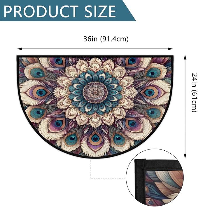 Ethnic Half Round Doormat Semi Circle Rug Half Moon Rug Entryway Mat | Mandala Peacock Washable Non Slip Outdoor Floor Rug Kitchen Mat for Indoor Outdoor Bathroom Fireplace Bath Decor