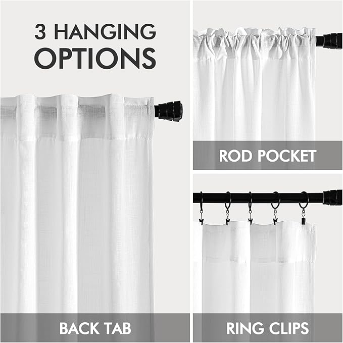 MIULEE White Linen Curtains 64 Inch Length 2 Panels for Kitchen Bedroom, Soft Thick Linen Textured Window Drapes Semi Sheer Light Filtering Back Tab Rod Pocket Burlap Look Decor