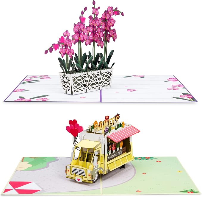 Paper Love Pop Up Cards 2 Pack - Includes 1 Orchid and 1 Flower Truck, For All Occasions, Mother Day, Birthday, Just Because- Includes Envelope and Note Tag