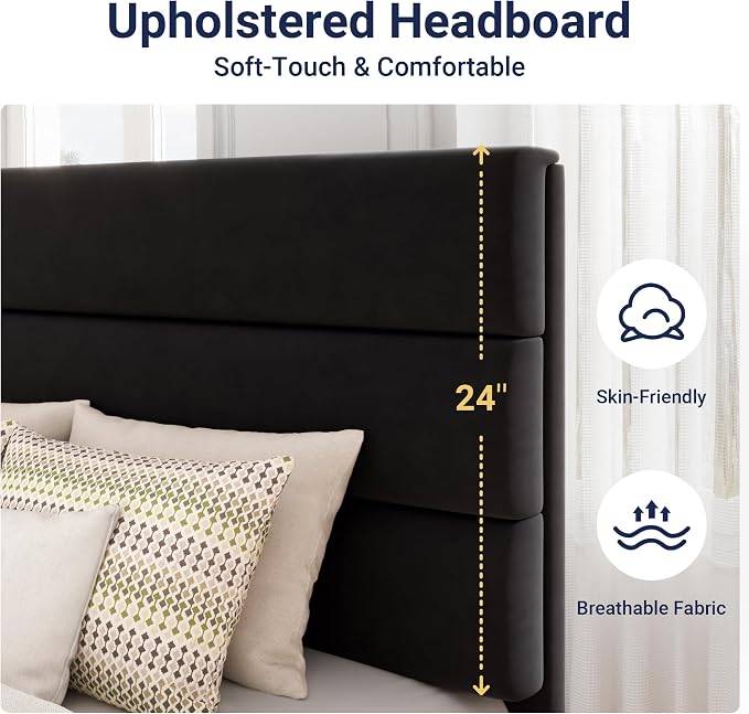 Allewie Twin Size Platform Bed Frame with Velvet Upholstered Headboard | Wooden Slats Support, Fully Upholstered Mattress Foundation, No Box Spring Needed, Easy Assembly, Noise-Free, Black