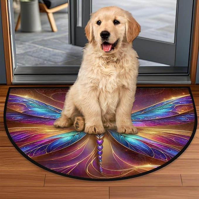 Pardick Half Round Doormat Dragonfly Abstract Colorful Semi Circle Rug Non Slip Indoor Outdoor Entrance Half Moon Rug Washable Front Floor Mat for Kitchen Bathroom Patio Fireplace Holiday Decor