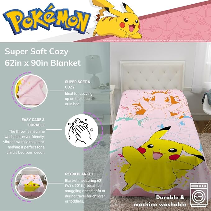 Pokemon Girl Pikachu Kids Bedding Super Soft Cozy Throw Blanket, 62 in x 90 in, (Officially Licensed Product) By Franco Kids