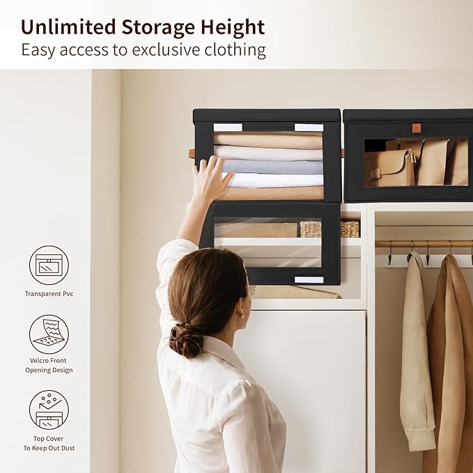 Homsorout Large Closet Storage Bins - Collapsible Clothes Organizer with Handles & Window, Decorative Boxes with Lids, Linen Closet Organizers for Living Room, Dorm, 5 Pack, Black