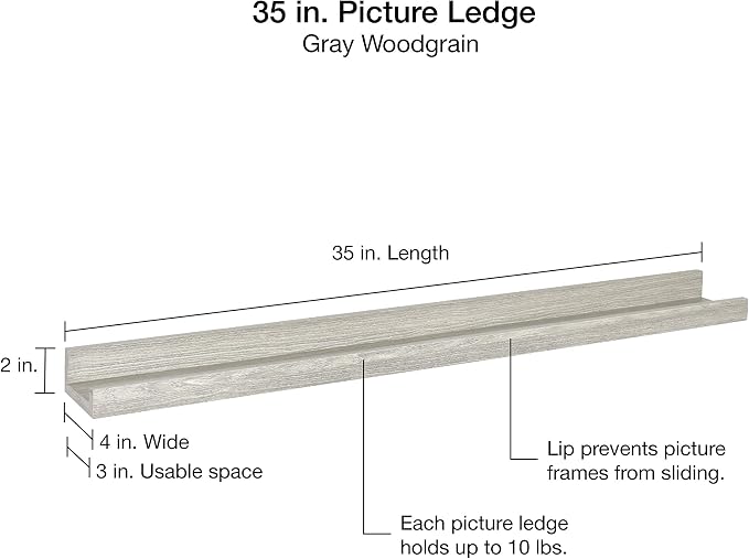 MCS Picture Ledge Shelf, Room Decor Floating Shelf, Gray Woodgrain, 35 Inch