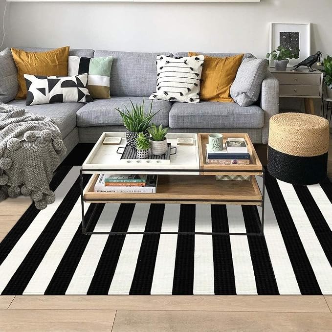 LEEVAN Outdoor Rug 5x7 Black and White Striped Patio Mat, Washable Farmhouse Front Door Decor, Cotton Reversible Balcony Rug, Foldable for Layered Porch