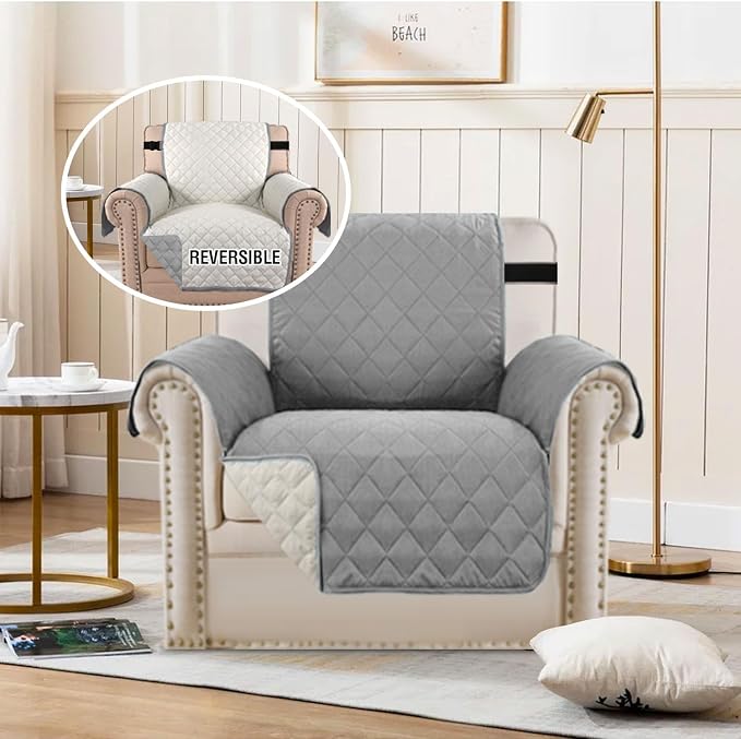H.VERSAILTEX Reversible Chair Couch Covers for 1 Cushion Couch Sofa Water Resistant Chair Slipcover Quilted Chair Cover Super Anti-Slip Furniture Protectors for Dogs(Armchair, Light Grey/Beige)