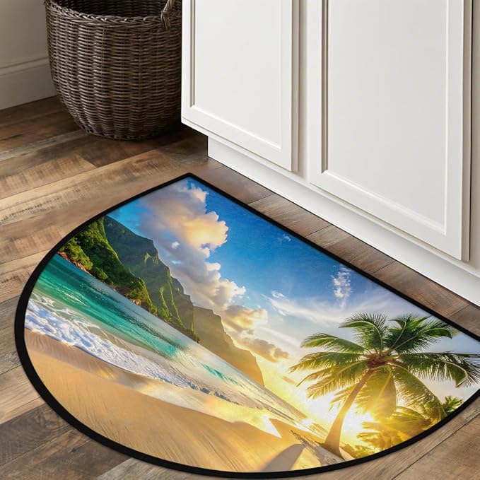 Summer Sunshine Half Round Door Mat Non Slip Half Circle Rugs | Palm Tree Washable Half Moon Rug Semi Circle Rugs Indoor Entrance Floor Carpet for Kithen Bedroom Fireplace Decor
