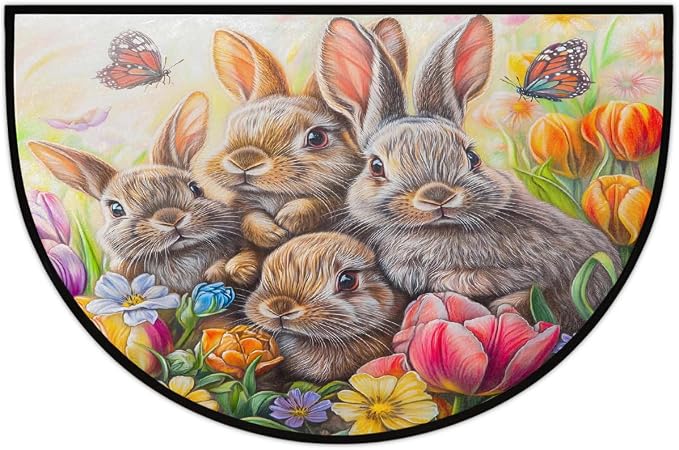 Easter Bunny Tulip Half Round Door Mat Non-Slip Semi Circle Rug Washable Half Moon Floor Rug Absorbent Bathroom Area Rugs for Outdoor Indoor Fireplace Mat Entryway Kitchen Decor Rugs