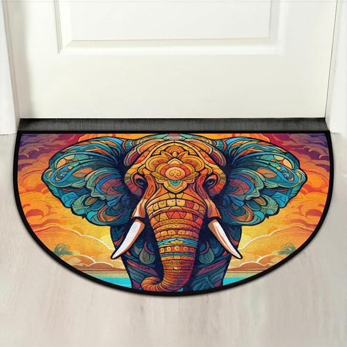 Elephant Drawn Half Round Door Mat, Non-Slip Entrance Welcome Mat for Indoor Semi Circle Bathroom Floor Rugs Outdoor Mats House Entry Way Heavy Duty Doormat for Kitchen Living Room 36x24 Inch