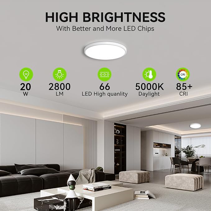 MODERN Super Thin 9inch 24W 2800lm Flush Mount LED Ceiling Light(NO Remote), 5000K Daylight, Undimmable Ceiling Light Surface Mount for Bedroom, Living Room, Dining Room (One Pack, White)……