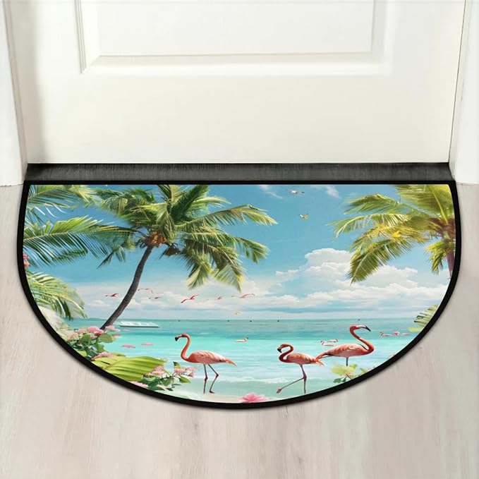 Half Round Doormat Summer Flamingo Beach Flowers Non Slip Half Circle Area Rugs Indoor Washable Half Moon Rug Semi Circle Bathroom Runner Mat Entrance Floor Carpet for Kithen Bedroom Fireplace Decor