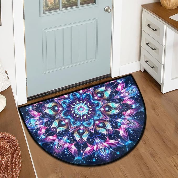 Ethnic Mandala Half Round Rug Half Moon Door Mat Half Circle Rugs | Boho Galaxy Washable Non-Slip Semi Circle Rug Welcome Half Round Door Mat Indoor Entrance Kitchen Bedroom Living Room Decor