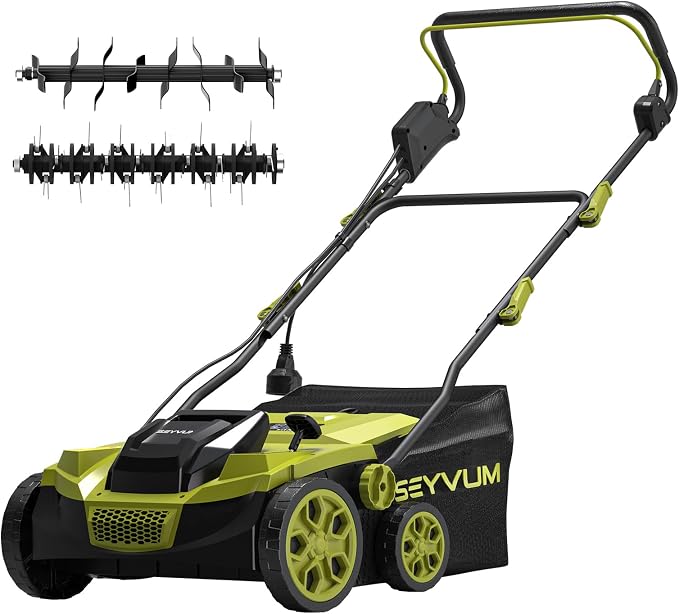 SEYVUM 15 Amp 15 inch Electric Dethatcher and Scarifier, 40L Collection Bag | Corded Lawn Dethatcher, 5-Position Working Height, Green