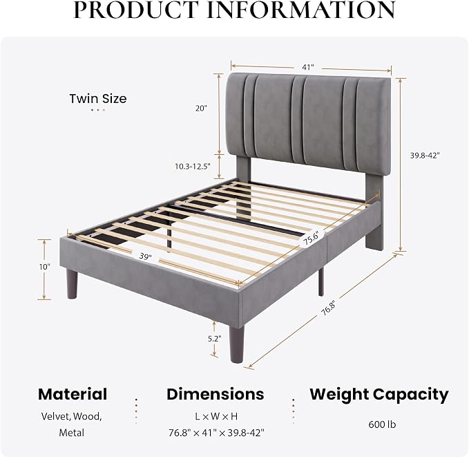 SHA CERLIN Twin Size Velvet Bed Frame with Adjustable Headboard, Grey | Vertical Channel Tufted Design, Upholstered Platform Bed, Wood Slats Support/No Box Spring Needed/Easy Assembly