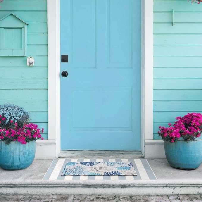 Fourluoo 2 Piece Beach Door Mat Combo Set 100% Coco Coir Welcome Mat and 28 x 40 Inch Blue White Striped Rug Layering Front Door Rug for Outdoor Entrance Front Porch