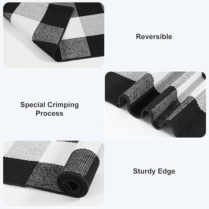 KIMODE Buffalo Plaid Outdoor Rug Runner Doormat 24'' x 51", Black/White Cotton Woven Checkered Fall Farmhouse Porch Rugs, Washable Indoor Door Mat for Front Layered Kitchen Bathroom Laundry Room