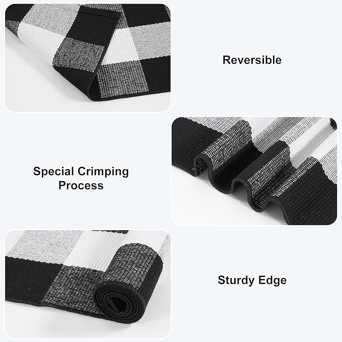 KIMODE Spring Buffalo Plaid Rug 4'x6' Black and White Checkered Rug Farmhouse Cotton Hand-Woven Patio Rug Indoor Outdoor Area Rug Washable Floor Carpet for Front Door Front Porch Living Room