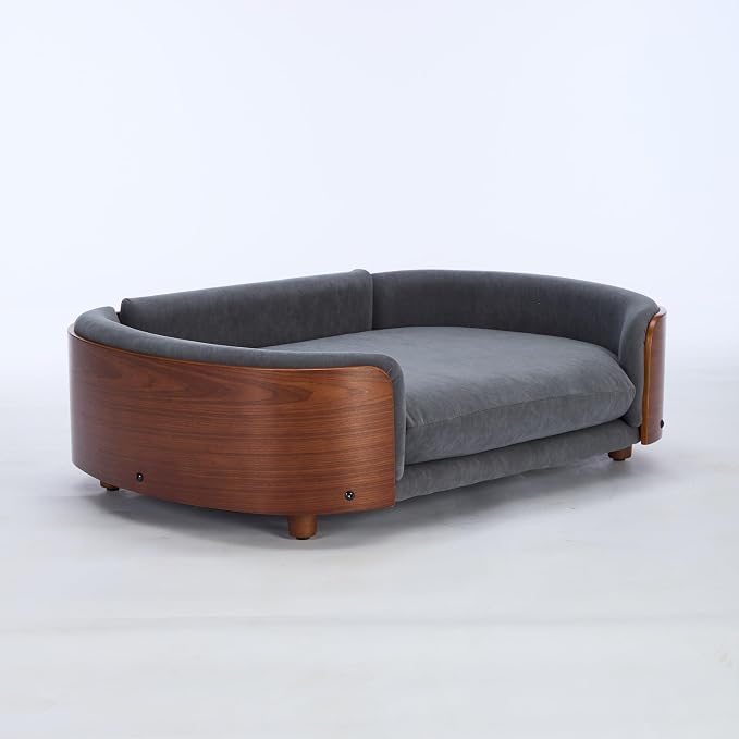Scandinavian Style Elevated Dog Bed Pet Sofa with Solid Wood Legs and Bent Wood Back, Velvet Cushion, Large Size, Walnut Frame & Dark Grey Cushion