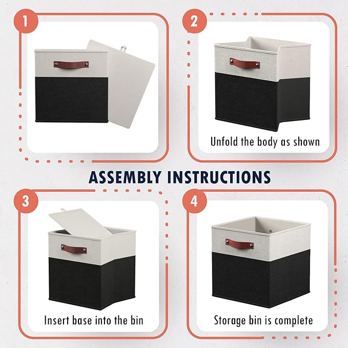 Ornavo Home 13x13 Foldable Fabric Storage Cube Bins, 6 Pack, White/Black | Collapsible Linen Shelf Basket Organizer; Leather Handles; Ideal Cube Storage For Closet