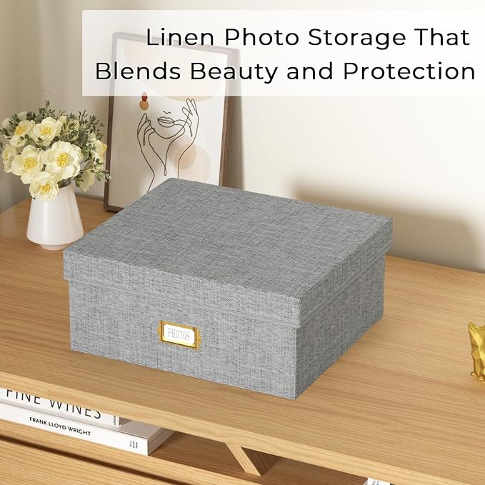 Decorative Photo Storage Box, Linen Photo Box Holds 1700 4x6 Pictures Grey | Photo Storage Containers with 8 Dividers, Memory Keepsake Organizer for Photos, Scrapbook Supplies, Cards, Stamps,Archive Box