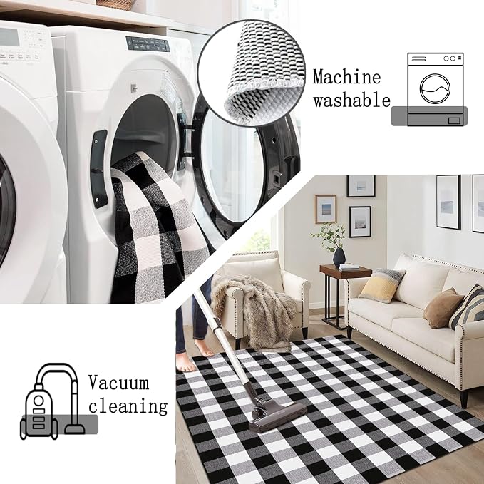 Buffalo Plaid Rug 5.5'x7.5'Black and White Area Rug,Washable Cotton Woven Indoor/Outdoor Rug for Farmhouse/Dining Room/Bedroom/Living Room Rug Retro Lattice Checkered Carpet
