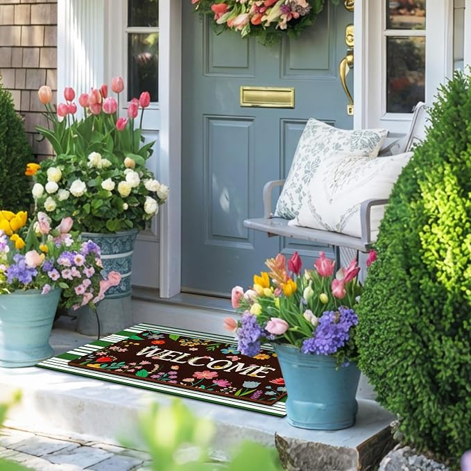 Tinideya 2 Pcs Door Mat Welcome Non Slip Coir Mats Floor Layering Doormats Seasonal for Front Porch Entryway Decor(Colorful Flowers)