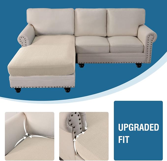 H.VERSAILTEX Sectional Couch Covers 1 Piece Chaise Slipcover L Shape Separate Cushion Couch Cover for Both Left/Right Sectional Couch (Seat Only: 1 Chaises, Natural)