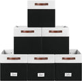 FinishingBo 13 inch Storage Bins with Labels 6 Pack | PU Leather Handles, Foldable Storage Cubes, Storage Baskets, Closet Storage, White/Black